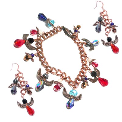 Twelve Protection Angels Heavy Copper Chain Charm Bracelet and Matching Earrings Red Blue and Black - image1